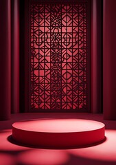 Poster - A red circular podium on the ground, with a Chinese New Year-inspired background featuring window cutouts and a Chinese-style pattern decoration in dark pink and light crimson colors