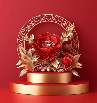 Abstract red background with a golden flower, paper-cut style peony, and a Chinese traditional pattern frame for a podium display or product showcase in a happy Chinese New Year celebration.