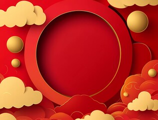 Poster - 3D vector podium scene with a red background and golden clouds for a happy Chinese New Year celebration. Chinese paper-cut style illustration. 