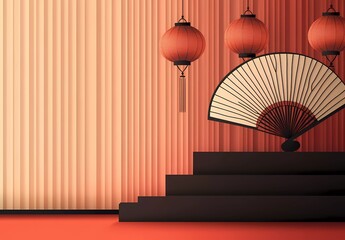 Poster - Chinese New Year background with a fan and lanterns, in a red color. Vector illustration of a podium display for product presentation with copy space on the right side.