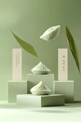 Poster - The background is a light green color, with three podiums and zongzi (traditional Chinese rice dumplings) floating in the air.