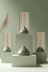 Poster - The background is a light green color, with three podiums and zongzi (traditional Chinese rice dumplings) floating in the air.