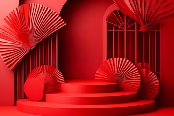 Poster - Vector background design, podium display for product presentation on Chinese New Year with red paper-cut fans and paper-cut window decorations
