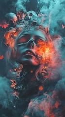 Wall Mural - Burning Skull Woman: A Dark Surreal Fantasy