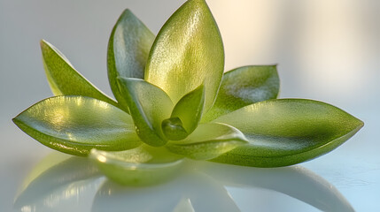 Canvas Print - Close-up of a vibrant green succulent plant. Its thick, glossy leaves radiate outwards, creating a beautiful, symmetrical pattern. The plant is subtly illuminated, highlighting its texture and color.