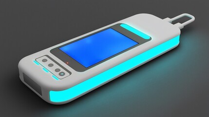 Poster - Futuristic glowing handheld device with blue screen.