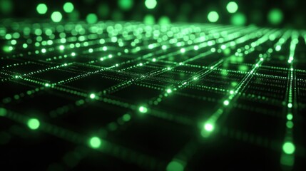 Fototapete - Abstract Green Network Grid Digital Data Flow Visualization  Abstract Technology Background