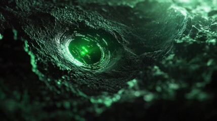Poster - Enigmatic Green Digital Portal within a Dark Rock Formation: Abstract Digital Art