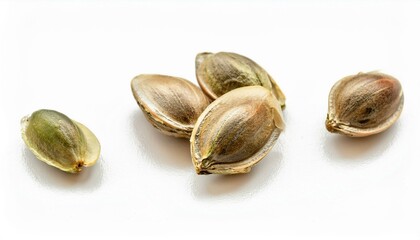 Poster - Close-up of four hemp seeds on a white background.