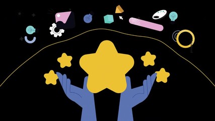Poster - A person with blue hands holds three yellow stars against a black background filled with various colorful shapes.