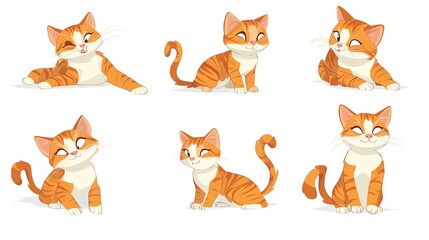  A set of cute and funny cartoon cats, with playful kittens in different poses and flat color designs, showcasing purebred pet animals isolated on a white background