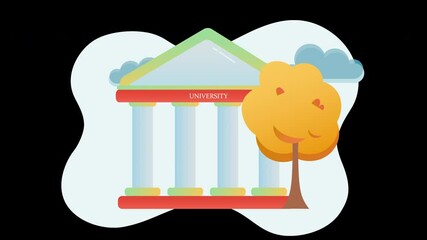 Poster - A colorful cartoon illustration of a university building with a tree, representing education in a vibrant style.