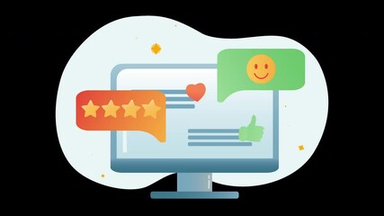 Aufkleber - Illustration of a computer displaying feedback with colorful chat bubbles and emoticons.