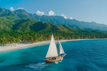 Poster - A serene coastal scene with a sailboat gliding through clear blue waters, framed by lush mountains and a sandy beach under a bright sky