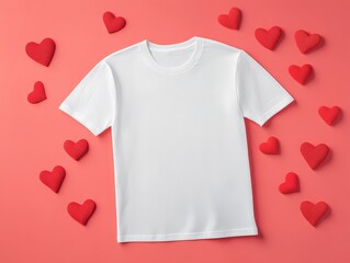 A plain white t-shirt surrounded by red heart decorations on a pink background, ideal for love-themed designs. mockup in valentine day.