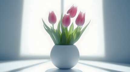 Canvas Print - Pink tulips in a simple, round white vase. Soft light illuminates the scene, creating a serene and elegant atmosphere. Perfect for spring or floral themes.