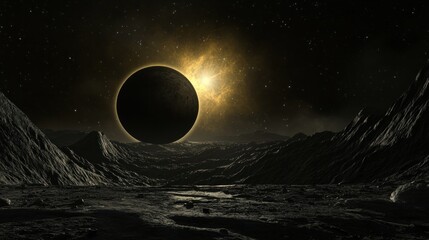 Canvas Print - alien planet eclipse: dark world, golden sun, rocky terrain, celestial event, mysterious landscape, 