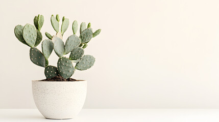 Canvas Print - A prickly pear cactus in a speckled white pot sits on a white surface against a light beige background. The image is minimalist and modern.