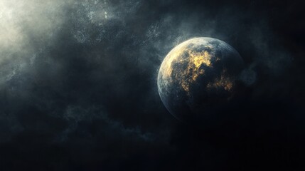 Canvas Print - mysterious celestial body in dark nebula: a glowing planet amidst cosmic clouds