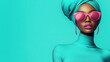 © 沈军 贡 - A fashion portrait of a young Black woman in a turquoise outfit, wearing pink sunglasses and a turban, isolated against a cyan background