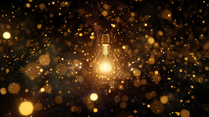 Canvas Print - Glowing Lightbulb Suspended Among Golden Bokeh Sparks in Dark Ambiance