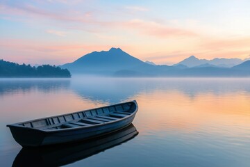 Naklejka na meble Serene Sunset Over Tranquil Lake with Lonely Boat on Water