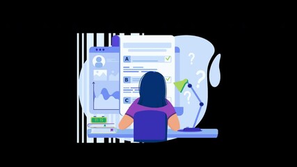 Poster - A woman with dark hair working on a computer, surrounded by documents and a lamp, illustrating a study or office environment.