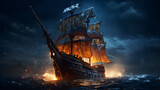 Night sailing, wallpaper, a large junk ship floating in the middle of the water at night.