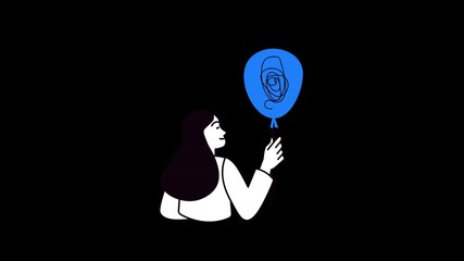 Poster - A woman with long hair holding a blue balloon featuring a minimalist illustration, against a black background.