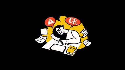 Aufkleber - A person of unspecified ethnicity appears relaxed while studying, surrounded by paperwork and speech bubbles indicating status messages.