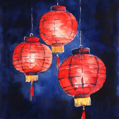 Hand painted red lanterns in watercolor style, glowing against dark background. for Chinese New Year