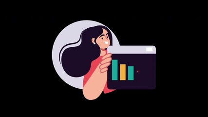 Poster - A smiling woman of unspecified ethnicity holding a digital screen displaying graphs and charts.