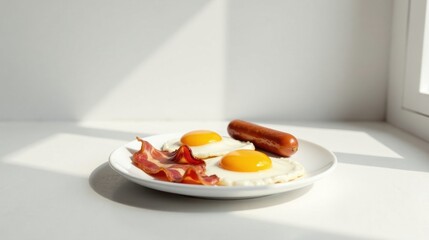 Wall Mural - A sunlit breakfast plate featuring two fried eggs, crispy bacon, and a savory sausage