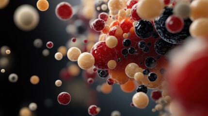Fototapete - Abstract Representation of Colorful Spheres in 3D, Showcasing a Dynamic Explosion of Energy, Motion, and Texture Against a Dark Background in Artistic Style