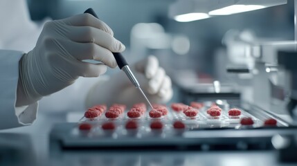 Poster - Laboratory Research with Red Berries on Petri Dish, Close-Up of Scientist Hand Holding Pipette for Scientific Analysis in Modern Lab Environment