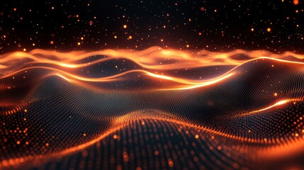 Abstract orange and black wavy particle background.