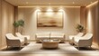 © Almahyra - Modern minimalist waiting room interior design with beige sofas, wooden accents, and artwork.
