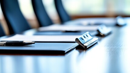 Poster - Elegant Meeting Room Table Setup with Clipboards and Pens for Business Conference, Ideal for Presentations and Corporate Gatherings in Modern Office Environment