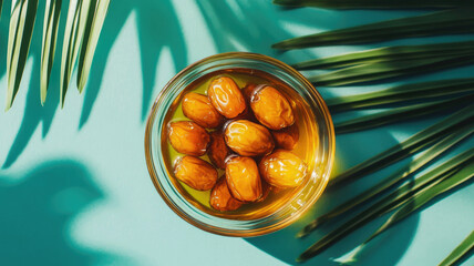 Bowl of golden dates with palm leaves casting shadows, representing Ramadan traditions in a tropical setting