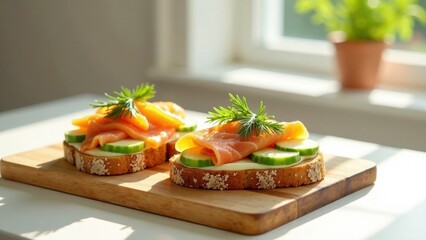 Wall Mural - Delicious Smoked Salmon and Cucumber Open-Faced Sandwiches on a Wooden Board, Garnished with Fresh Herbs, Basking in Sunlight