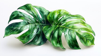 Two vibrant green Monstera deliciosa leaves isolated on white background.