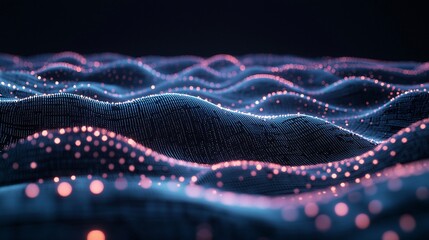 Poster - Abstract digital landscape with glowing particles forming waves.