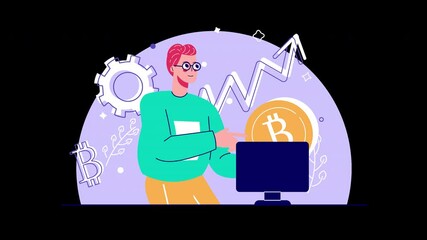 Poster - A young man analyzing cryptocurrency trends on a computer with a Bitcoin symbol. He has red hair and wears glasses.