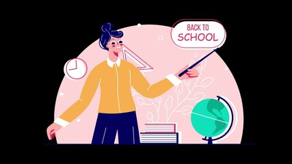 Poster - A cheerful European teacher presents a lesson about 'Back to School' against a colorful background.