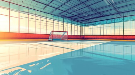 Wall Mural - Sunlit empty indoor hockey rink with net.