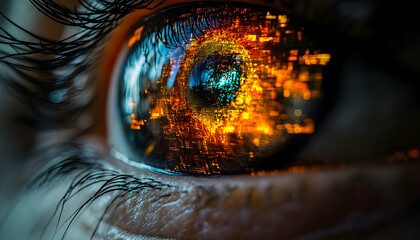Digital data reflected in eye, closeup, futuristic background, tech concept