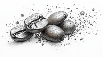 Close-up of coffee beans and grounds, detailed pencil sketch.