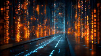 Digital city road, data streams, futuristic background, tech concept