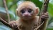© AFFANYUDA - Adorable baby monkey clinging to a tree branch in lush green foliage.