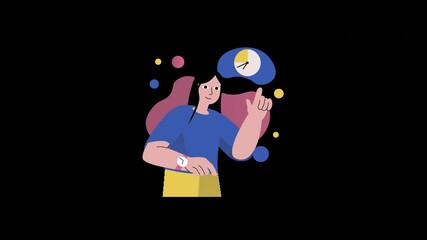 Poster - A young woman with long hair, wearing a blue shirt and yellow pants, gestures while thinking about time, in a colorful, abstract animated setting.